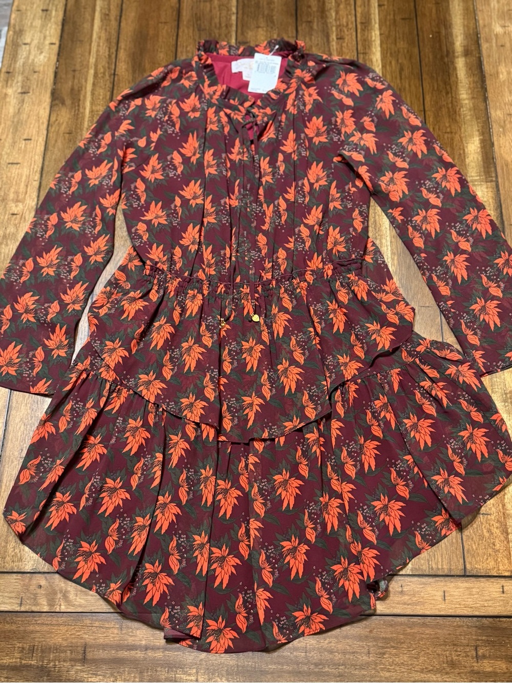 JB by Julie Brown Burgundy Red Floral Tiered Long-Sleeve Dress